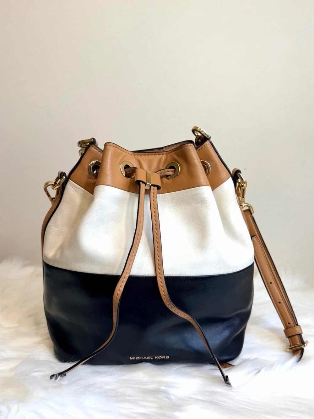 Michael Kors Leather Colorblock Bucket Shoulder/Crossbody Bag Black, White & Tan